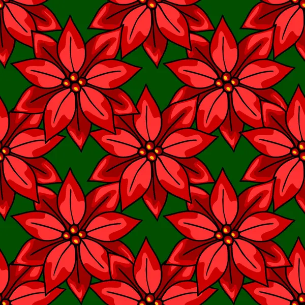 Koyu yeşil arka planda biçimlendirilmiş kırmızı noktalı çiçek desenli kusursuz bir Noel deseni, şenlikli tasarımlar ve kış tatili projeleri için mükemmel..