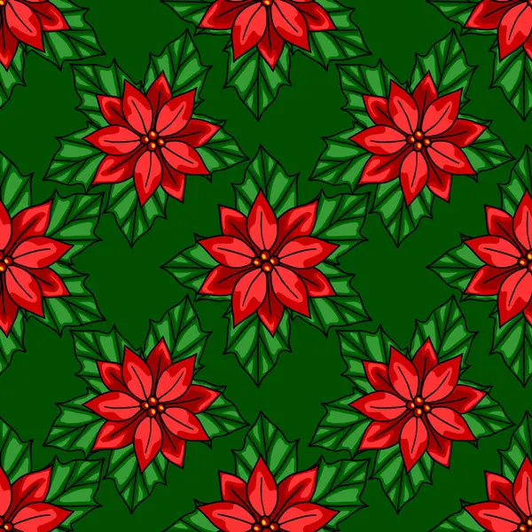 Şenlikli Noel tasarımları için mükemmel, koyu yeşil arka planda kırmızı yapraklar ve canlı yeşil yapraklarla biçimlendirilmiş noktalı noktalı çiçeklerin kusursuz vektör deseni..