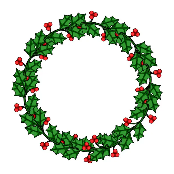 Bayram davetiyeleri veya mevsimlik dekorasyonlar için mükemmel, kutsal yapraklar ve kırmızı böğürtlenlerden oluşan dairesel bir düzenleme içeren Noel çelengi tasarımı..