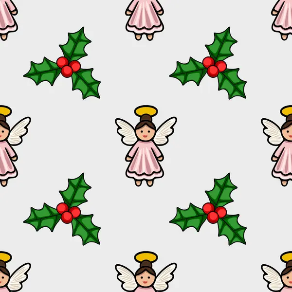 Kusursuz bir Noel deseni. İçinde halesi, kanatları ve kutsal meyveleri olan sevimli pembe melekler var. Kış tatili için mükemmel, büyüleyici ve şenlikli bir tasarım..