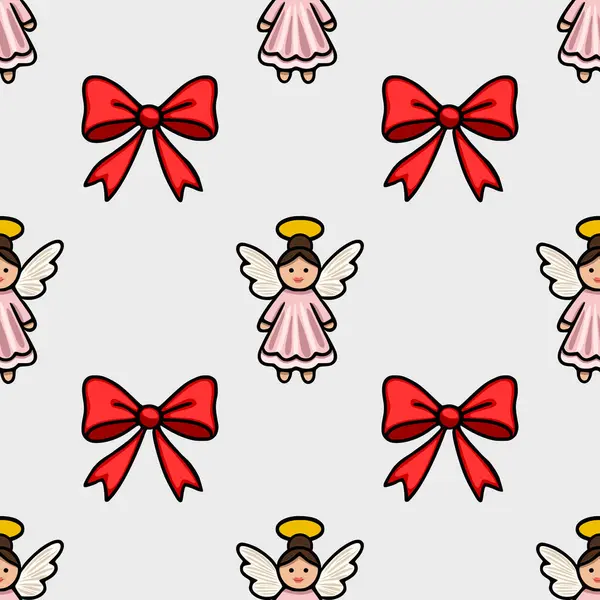 Pembe elbiseli ve parlak kırmızı fiyonklu sevimli çizgi film meleklerini içeren kusursuz bir vektör deseni var. Noel şenliği için mükemmel..