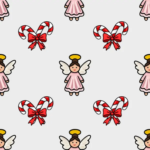 Pembe elbiseli ve kırmızı kurdeleli şeker kamışlı sevimli meleklerin büyüleyici ve şenlikli bir tasarım yarattığı kusursuz bir Noel deseni..