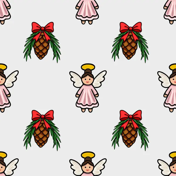 Pembe elbiseli ve kırmızı yaylı çam kozalaklı sevimli meleklerin yer aldığı kusursuz Noel deseni tatil projeleri için büyüleyici ve şenlikli bir tasarım yaratıyor..