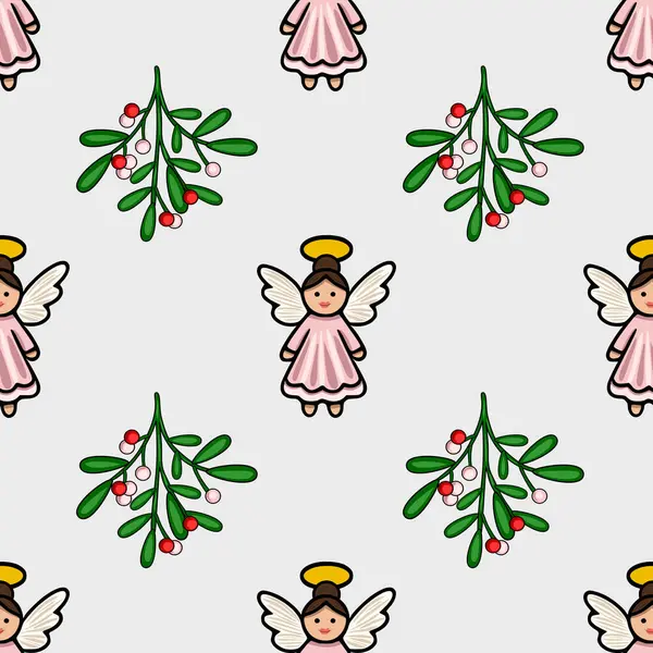 Pembe elbiseli ve kırmızı ve beyaz böğürtlenli ökse otu filizli sevimli meleklerin yer aldığı kusursuz bir Noel deseni büyüleyici ve şenlikli bir tasarım yaratıyor..