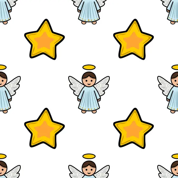 Kusursuz vektör Noel deseninde haleli ve altın yıldızlı sevimli meleklerin yer aldığı, tatil kartları ve ambalaj kağıtları için ideal büyüleyici ve şenlikli bir tasarım yaratan,.