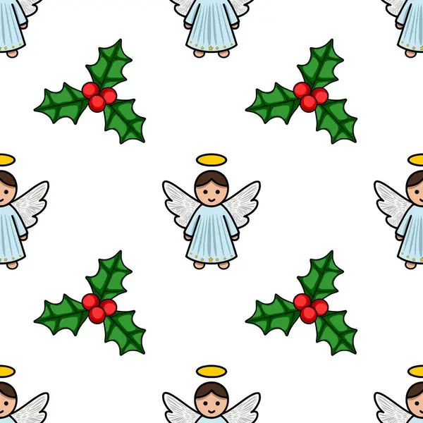 Kusursuz vektör Noel deseninde haleler ve çoban dutları serpiştirilmiş sevimli melek melekleri kış tatili için ideal büyüleyici ve şenlikli bir tasarım yaratıyor..