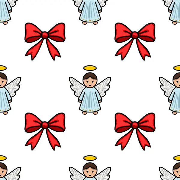 Kusursuz vektör desenli, haleli ve parlak kırmızı fiyonklu sevimli çizgi film melekleri Noel için mükemmel..