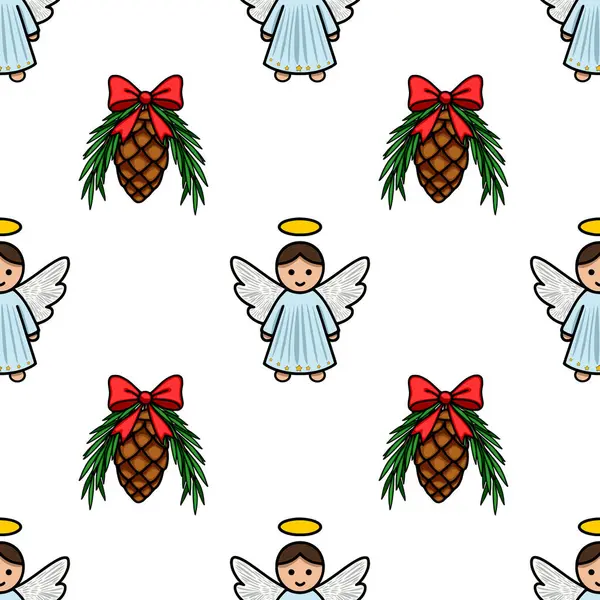 Kusursuz vektör Noel deseninde haleler ve kırmızı kurdelelerle süslenmiş neşeli kozalaklı meleklerle büyüleyici ve kaprisli bir tatil tasarımı yaratılıyor..