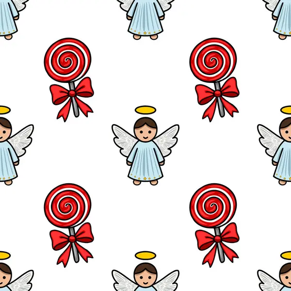 Sevimli melek meleklerin ve kırmızı kıvrımlı fiyonklu lolipopların yer aldığı kusursuz bir vektör deseni, şenlikli arka planlar ve ambalaj kağıtları için mükemmel bir Noel tasarımı yaratıyor..