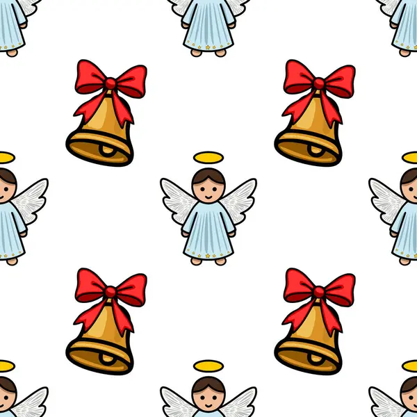 Pürüzsüz vektör deseninde haleler ve parlak kırmızı fiyonklarla süslenmiş altın çanlar eşliğinde büyüleyici meleklerin yer aldığı bir Noel tasarımı yaratıyor..