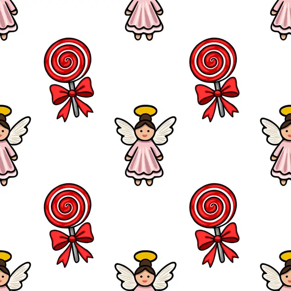 Sevimli çizgi film melekleri ve fiyonklu kırmızı lolipoplar içeren kusursuz bir vektör deseni. Noel ya da kış tasarımları için mükemmel..