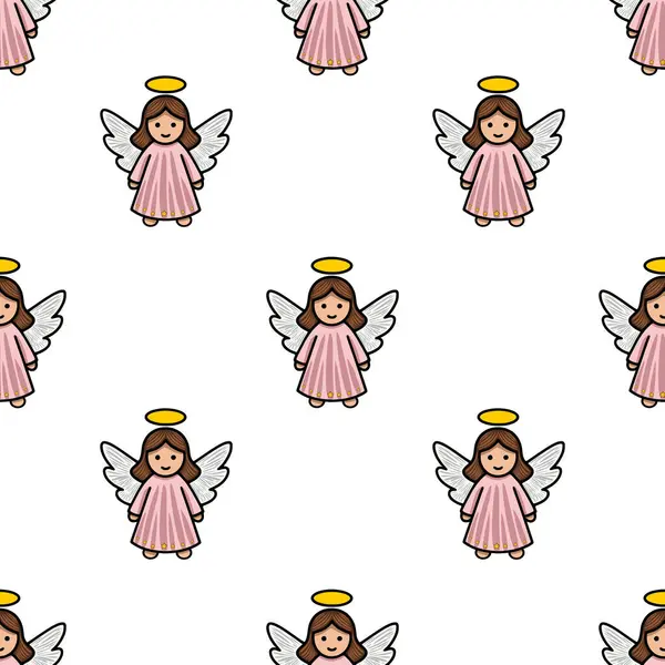 Pembe elbiseli, beyaz kanatlı ve altın halkalı sevimli çizgi film meleklerinin kusursuz vektör deseni. Noel veya dini tasarımlar için mükemmel..