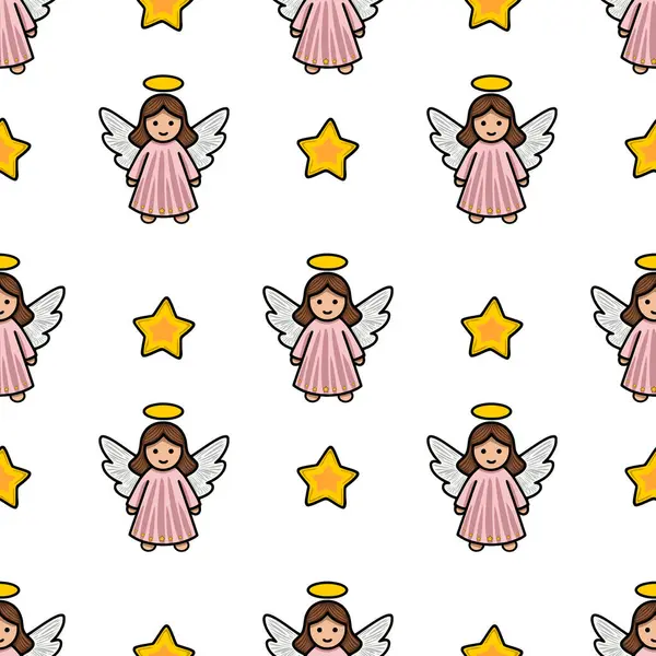 Pembe elbiseli ve altın yıldızlı sevimli karikatür melekleriyle kusursuz bir vektör deseni var. Noel için mükemmel..