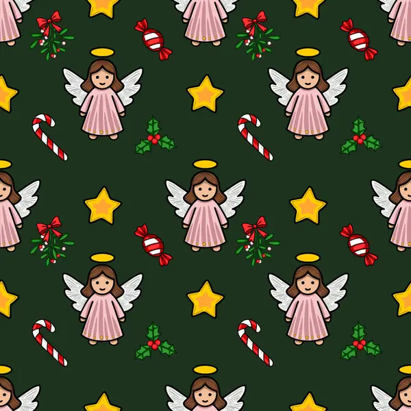 Tatlı melekler, baston şekerler, yıldızlar ve ökseotu ile kusursuz bir Noel deseni. Koyu yeşil arka plan ve pastel pembe melek elbiseleri..