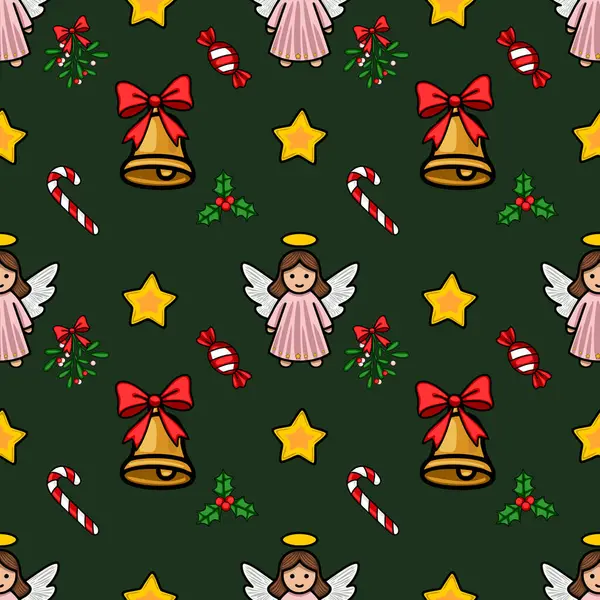 Tatlı meleklerin, altın çanların, şeker kamışlarının ve koyu yeşil arka planda kutsal meyvelerin olduğu kusursuz bir Noel deseni. Şenlik tasarımları ve kış tatilleri için mükemmel..