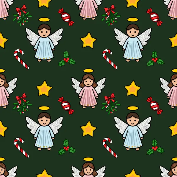 Tatlı melekler, şeker kamışları, yıldızlar ve koyu yeşil arka planda kutsal meyvelerle kusursuz bir Noel deseni. Şenlik tasarımları ve kış tatilleri için mükemmel..