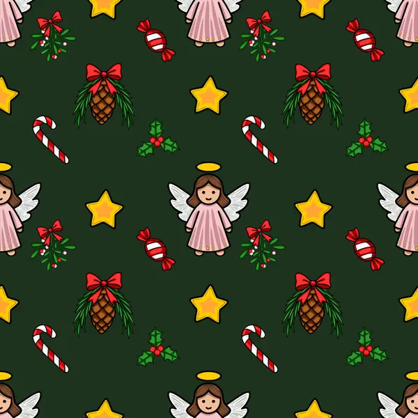 Tatlı melekler, şeker kamışları, çam kozalakları ve koyu yeşil arka planda çoban üzümleri olan kusursuz bir Noel deseni. Bayram tasarımları için mükemmel..