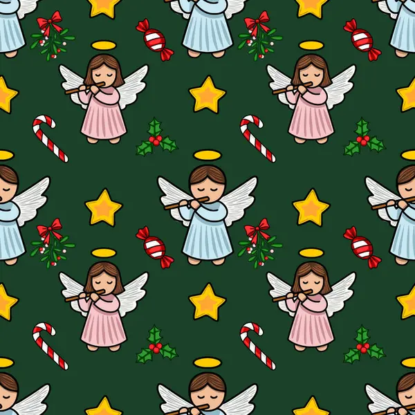 Flüt, baston şekeri, yıldız şekeri ve kutsal meyveleri koyu yeşil arka planda çalan sevimli meleklerin olduğu kusursuz bir Noel deseni, neşeli ve kaprisli bir kış tasarımı yaratır..