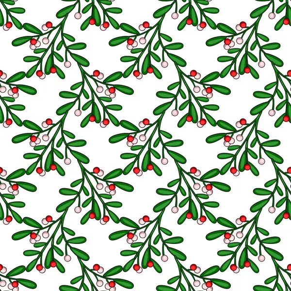 Beyaz arka planda kırmızı ve pembe böğürtlenli, biçimlendirilmiş ökseotu dallarının kusursuz vektör deseni, şenlikli Noel tasarımları için mükemmel..