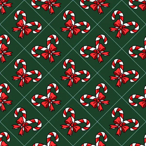 Koyu yeşil bir zemin üzerinde kırmızı yaylı Noel şeker kamışlarının kusursuz vektör deseni, ince geometrik çizgilerle köşegen şeklinde dizilmiş..