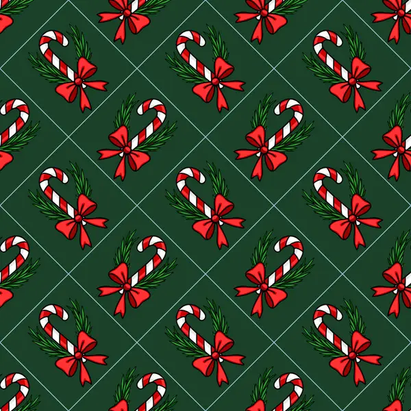 Şekerleme kamışları, kırmızı yaylar ve koyu yeşil arka planda köknar dalları olan kusursuz bir vektör Noel deseni..