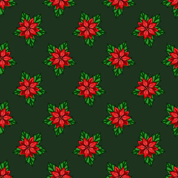Koyu yeşil arka planda yeşil yapraklı, biçimlendirilmiş kırmızı noktalı çiçeklerin kusursuz vektör deseni, Noel ve kış tatili tasarımları için mükemmel..