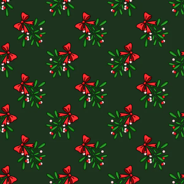 Kırmızı fiyonklarla süslenmiş ökse otunun kusursuz vektör deseni, koyu yeşil bir zemine ayarlı, şenlikli Noel tasarımları için mükemmel..