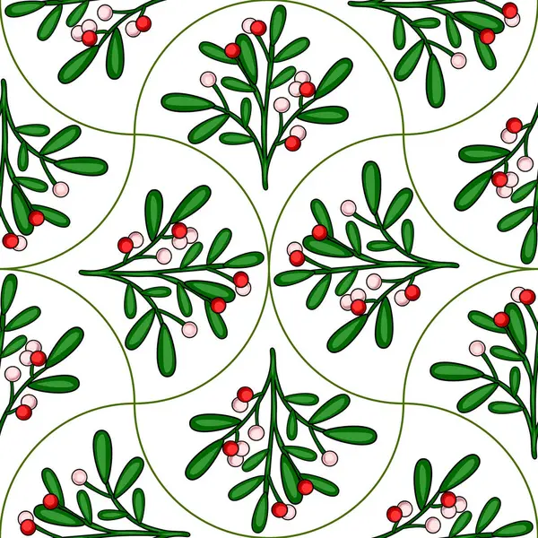 Kırmızı ve pembe böğürtlenli ökseotu dallarının kusursuz vektör deseni, beyaz arkaplanda kıvrımlı çizgiler ve tekrarlayan geometrik dizayn ile düzenlenmiştir..