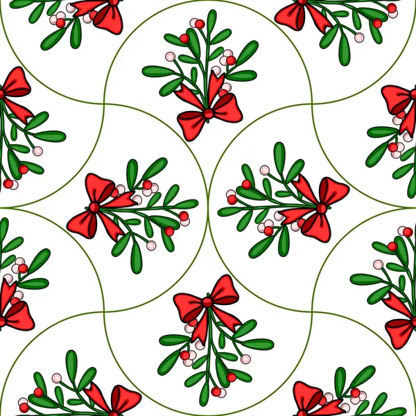 Kırmızı yaylarla bağlanmış ökseotu dalları ile kusursuz bir Noel deseni, beyaz arka plana karşı tekrarlanan bir dizayn ile düzenlenmiş, kıvrımlı yeşil çizgiler.