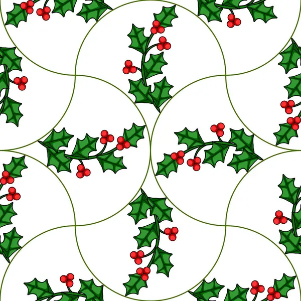 Kırmızı böğürtlenli biçimlendirilmiş kutsal dalların kusursuz vektör deseni, beyaz arka planda eşsiz bir eğri dizayn ile düzenlenmiş, şenlikli Noel tasarımları için mükemmel..