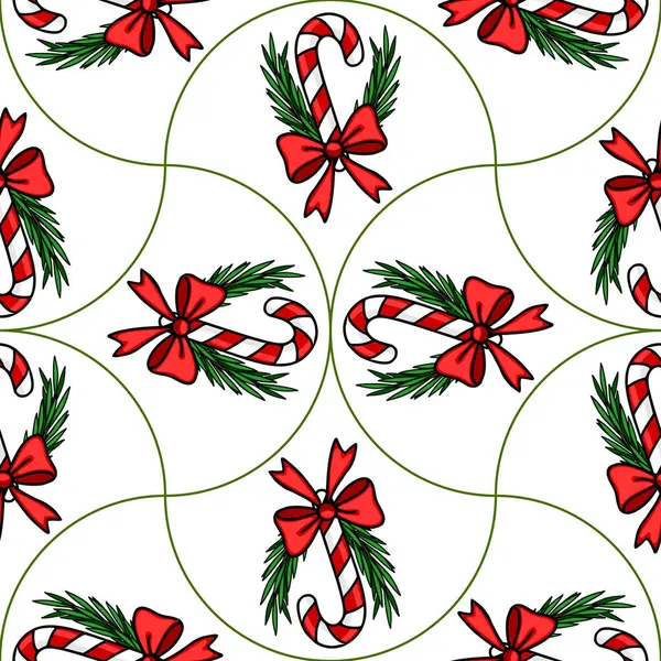 Kırmızı yaylar ve köknar dallarıyla süslenmiş kusursuz Noel şeker kamışları deseni, beyaz arka planda eşsiz, tekrarlayan bir dizayn olarak düzenlenmiştir..