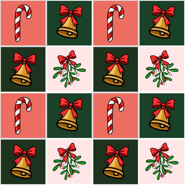 Şekerleme kamışlı kusursuz Noel deseni, kırmızı kurdeleli çanlar ve kareli arka planda ökseotu dalları, şenlikli tasarımlar için mükemmel..