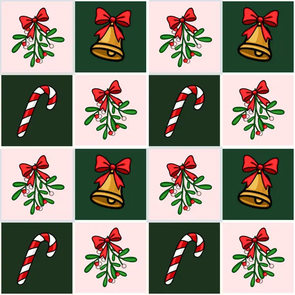 Pembe ve yeşil kareli arka planda ökseotu, çan, şeker kamışı ve kırmızı fiyonklu kusursuz Noel deseni..