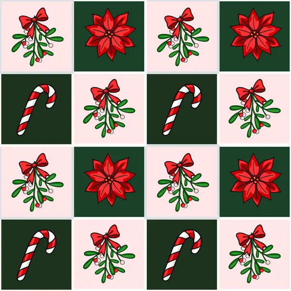 Pembe ve yeşil kareli arka planda ökseotu, noktalı yıldız, şeker kamışı ve kırmızı kurdeleli kusursuz Noel deseni, şenlik tasarımları için mükemmel..