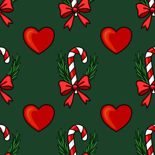 Şekerler, kalpler ve koyu yeşil arka planda yayları olan kusursuz bir Noel deseni. Şenlik tasarımları ve kış tatilleri için mükemmel..