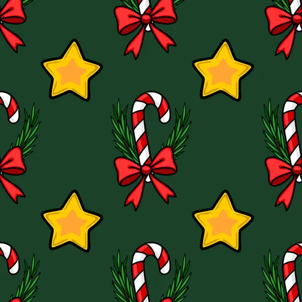 Kırmızı yaylı şeker kamışları, köknar dalları ve koyu yeşil arka planda altın yıldızlar içeren kusursuz bir vektör Noel deseni, şenlik tasarımları ve kış tatilleri için ideal..