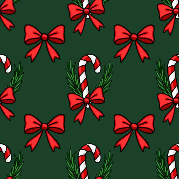 Şekerleme çubukları, kırmızı yaylar ve koyu yeşil arka planda köknar dalları olan kusursuz bir vektör Noel deseni. Festival tasarım projeleri için mükemmel..