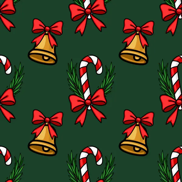 Altın çanları, baston şekerlemeleri, kırmızı yayları ve koyu yeşil arka planda köknar dalları olan kusursuz bir vektör Noel deseni, şenlik tasarımları için mükemmel..