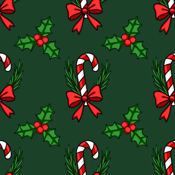 Şekerleme çubukları, kutsal meyveler ve koyu yeşil arka planda bayram fiyonkları ile kusursuz bir Noel şablonu. Paket kağıdı veya tatil kartları için ideal..