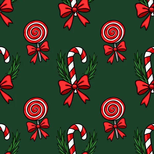 Kırmızı yaylı şeker kamışları, lolipoplar ve şenlikli tasarımlar için ideal, koyu yeşil arka planda çobanpüsküllü çoban püskülleri içeren kusursuz bir Noel deseni..