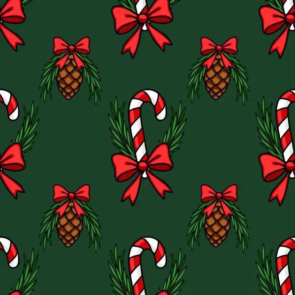 Şekerleme çubukları, çam kozalakları ve koyu yeşil arka planda kırmızı kurdeleler ile kusursuz vektör Noel deseni, şenlik tasarımları ve kış tatilleri için mükemmel..