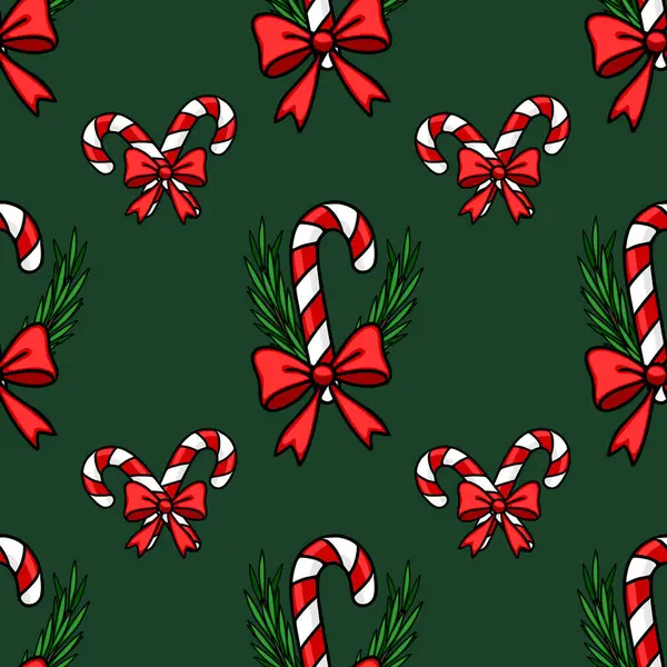 Şekerleme kamışları, kırmızı yaylar ve koyu yeşil arka planda köknar dalları olan kusursuz bir vektör Noel deseni, bayram ambalaj kağıdı veya tatil kartları için mükemmel..