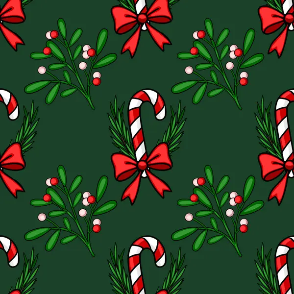 Şekerleme kamışları, ökseotu ve koyu yeşil arka planda kırmızı kurdeleli kusursuz bir Noel deseni. Bayramlık ambalaj kağıdı ya da tatil kartları için mükemmel..