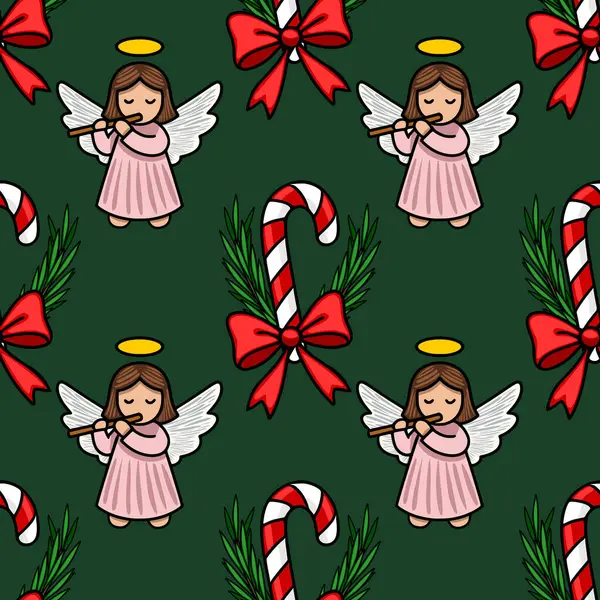 Kırmızı yaylarla süslenmiş flüt ve baston şekerlemeler çalan, zengin koyu yeşil arka planda sevimli meleklerin yer aldığı kusursuz bir Noel deseni..