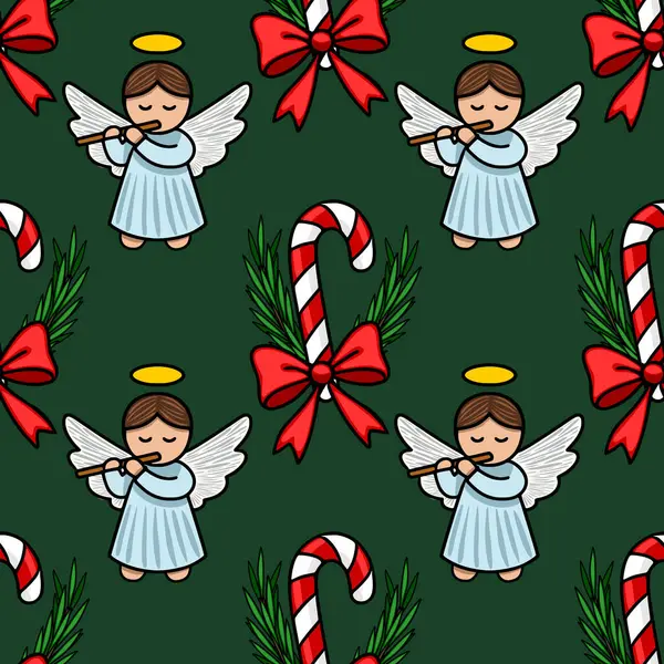 Flüt çalan sevimli meleklerin, kırmızı yaylı şeker kamışlarının ve koyu yeşil arka planda neşeli yeşilliğin yer aldığı kusursuz bir Noel şablonu. Tatil tasarımları için mükemmel..