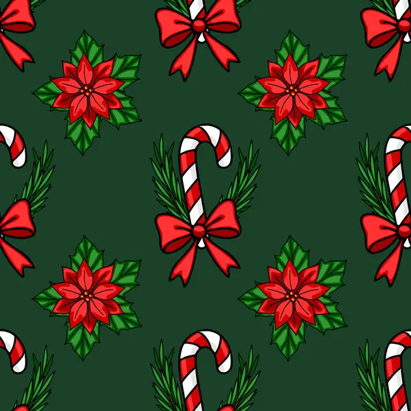 Kırmızı yaylı şeker kamışları, noktalı çiçek ve koyu yeşil arka planda yeşillik dalları içeren kusursuz bir vektör Noel deseni, şenlikli ve zarif bir tasarım yaratıyor..