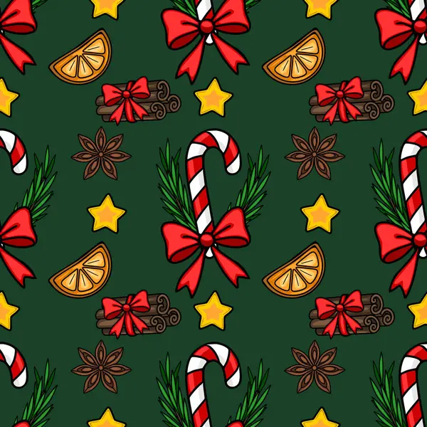 Şekerleme çubukları, tarçın çubukları, portakal dilimleri, yıldız anasonu ve koyu yeşil arka planda şenlikli fiyonklar ile kusursuz bir Noel deseni, kış tatili tasarımları için mükemmel..