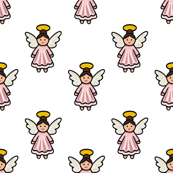 Beyaz kanatlı ve altın haleli pembe elbiseli şirin çizgi film meleklerinin kusursuz vektör deseni, Noel veya dini tasarımlar için mükemmel..