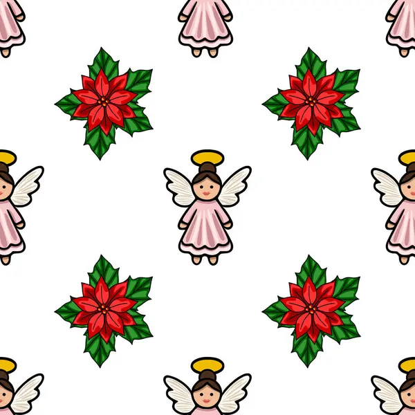 Pembe elbiseli ve canlı noktalı çiçekli sevimli meleklerin olduğu kusursuz bir Noel deseni. Kış tatili için mükemmel büyüleyici ve şenlikli bir tasarım..