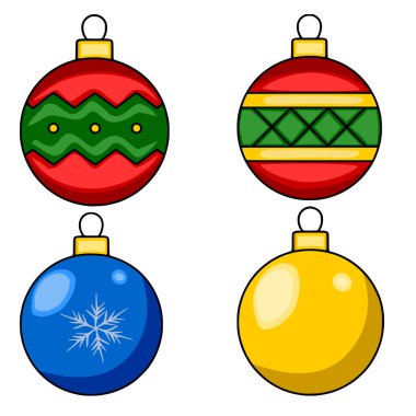 Farklı desenlere sahip dört eşsiz Noel mücevherinin kutlama vektör çizimi: zigzag, elmas, kar tanesi ve katı renk, tatil tasarımları için mükemmel.